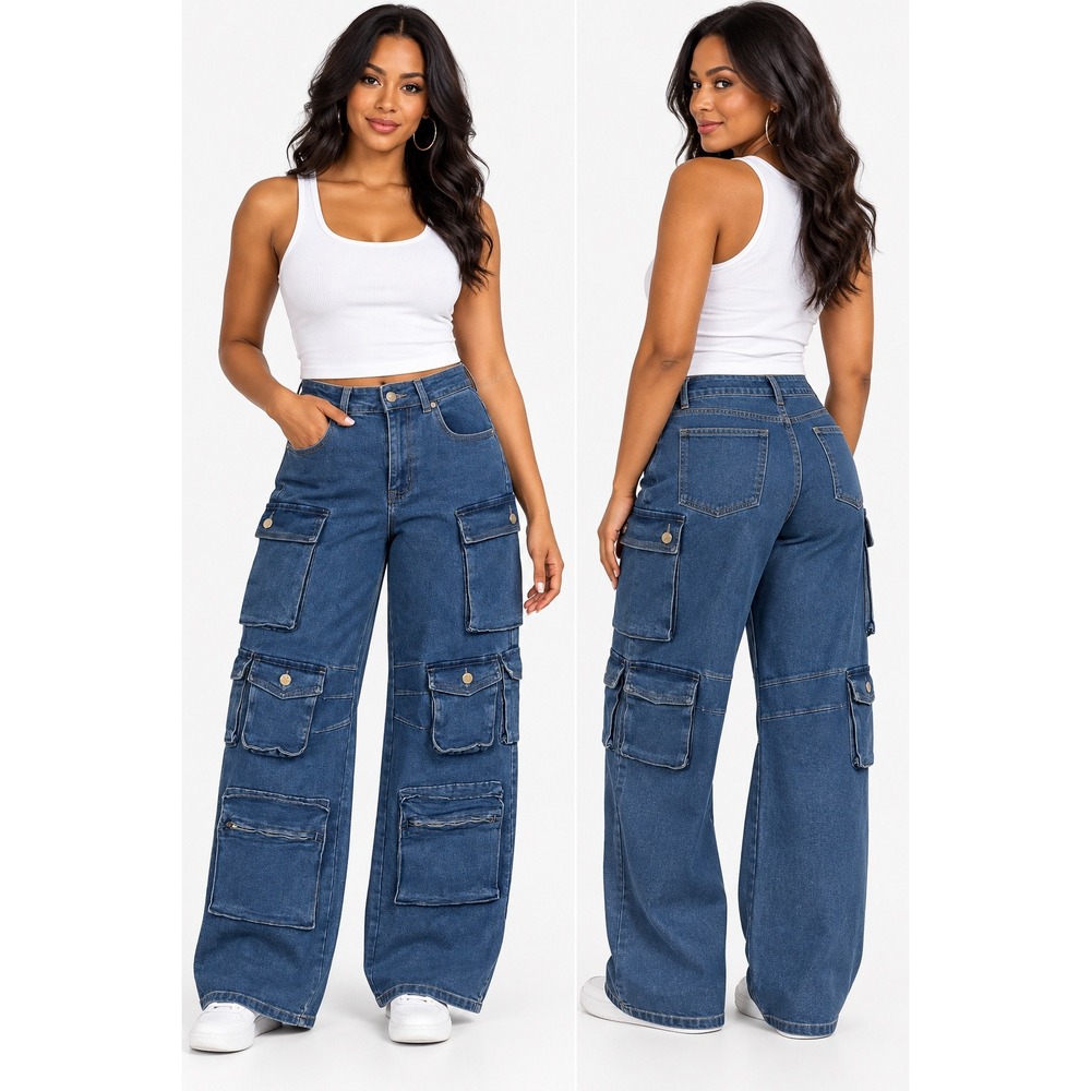 Legend Limited Edition Women Blue Multi Pocket Wide Leg Cargo Jeans Size Small